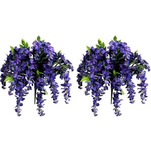 Admired By Nature 2pcs of 15 Stem Artificial Flowers Wisteria Hanging Plants Flowers for Outdoor, Fake Hanging Plant Baskets for Home Decor Wedding Garden Cemetery Flowers for Grave, Purple