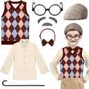 Liitrsh 7 Pcs Old Man Costume Grandpa Costume 100 Days of School Beret Vest Shirt Eyeglass Halloween Outfit for Cosplay (5-7 Years)