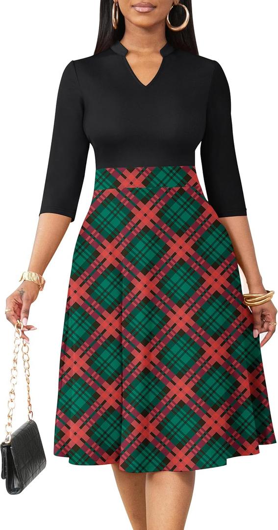 Nmoder Casual Dresses for Women Semi Formal Fit and Flare 3/4 Sleeve A-line Church Work Dress with Pockets (L)