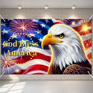 4th of July Banner Patriotic Eagle Backdrop God Bless America 71 x 43 Inches American Flag Fireworks Decorations for Outdoor Yard Party Memorial Day Independence Day Decor