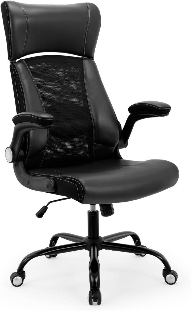 Home Office Chair, Ergonomic Desk Chair with Lumbar Support, Faux PU Leather Executive Computer Chair-Adjustable Headrest, Armrest, Height for Home Office Gaming, Black