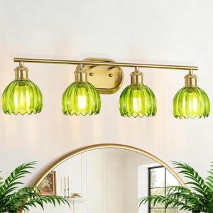 Gold Bathroom Light Fixtures, 4-Light Vanity Lights for Bathroom with Ribbed Green Tulip Glass Shade, Brass Wall Scone Lighting Over Mirror for Farmhouse,Bedroom,Living Room,Hallway
