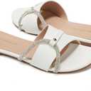 Women's Flat Sandals Rhinestone Strappy Buckle Slides With Soft Memory Foam Insole, Dressy Beach Leather Slippers for Summer Vacation (7, White)