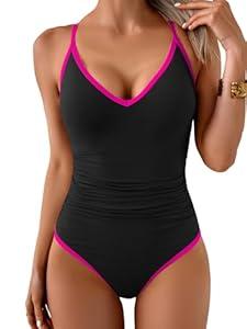 Aidonger One Piece Swimsuit for Women Tummy Control Slimming Bathing Suit Color Block V Neck Swimwear (Large)