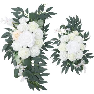 2 PCS Dusty Blue Wedding Arch Flower Swags, Artificial Floral Decor for Welcome Sign, White Rose Arrangement for Ceremony Backdrop, Reception Decor, Round Hexagon Triangle Arch