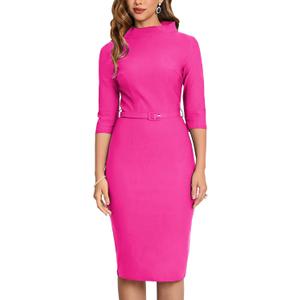 MUXXN Women's 1950s Vintage 3/4 Sleeve Elegant Collar Cocktail Evening Dress (Medium, Hot Pink)
