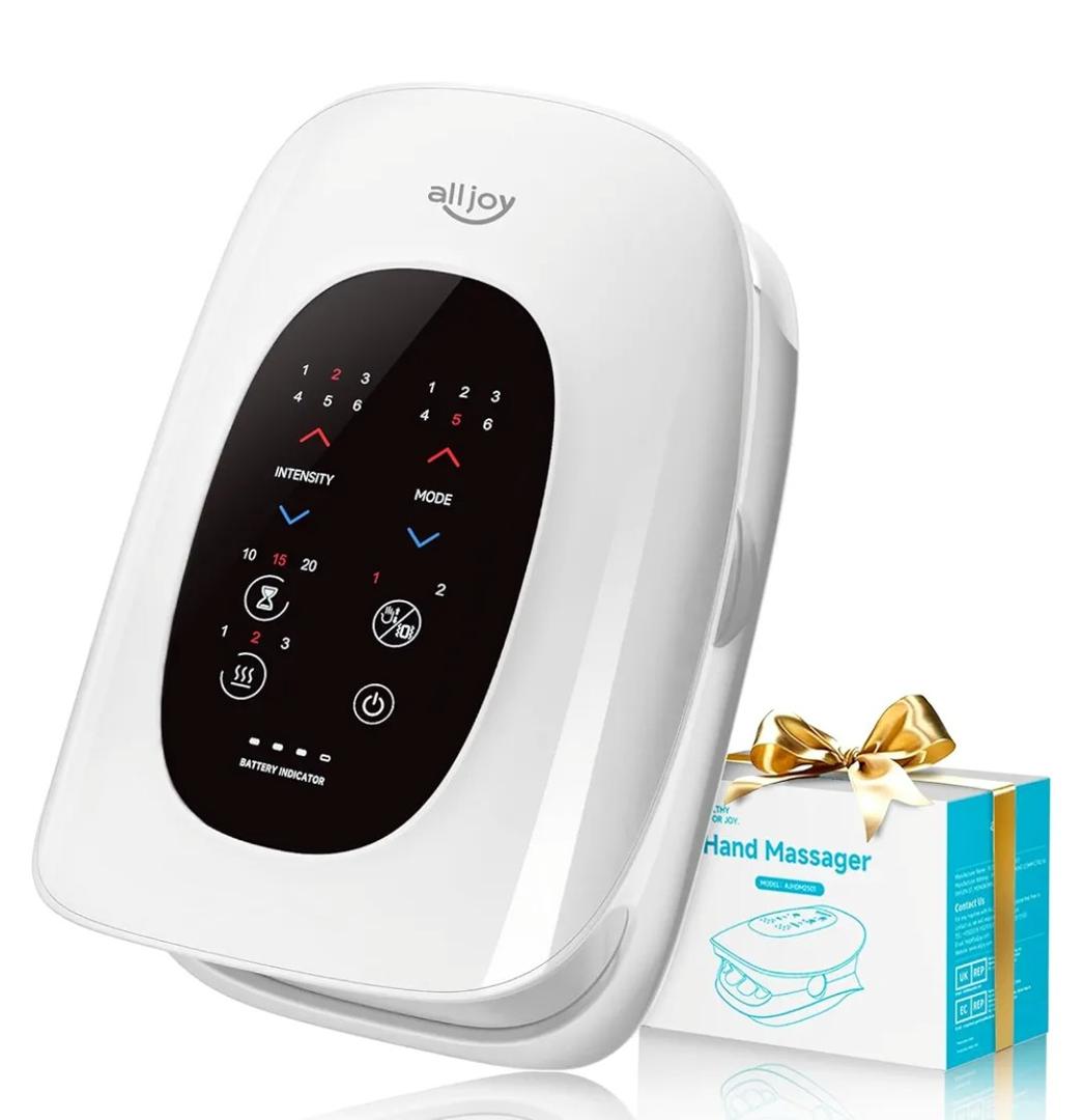 ALLJOY Hand Massager with Heat and Compression, Knuckle Stretching and Hand Massage, 6 Modes 6 Intensities 3 Heat for Arthritis and Carpal Tunnel Relief, Mothers Day Gifts for Women Men(White)
