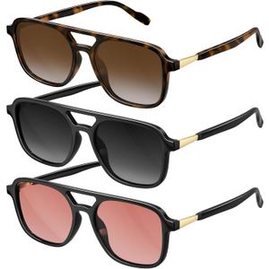 Retro Aviator Sunglasses for Women Men:Polarized Trendy Vintage 70s Rectangle Womens Shades Sun Glasses UV Protection 3 Pack