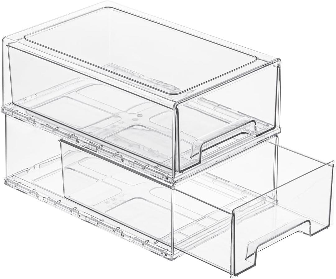 1 Pack Stackable Storage Drawers, Plastic Clear Organizer Bins with Handles for Under sink, Kitchen Cabinet, Fridge, Closet, Pantry, Office, Bathroom
