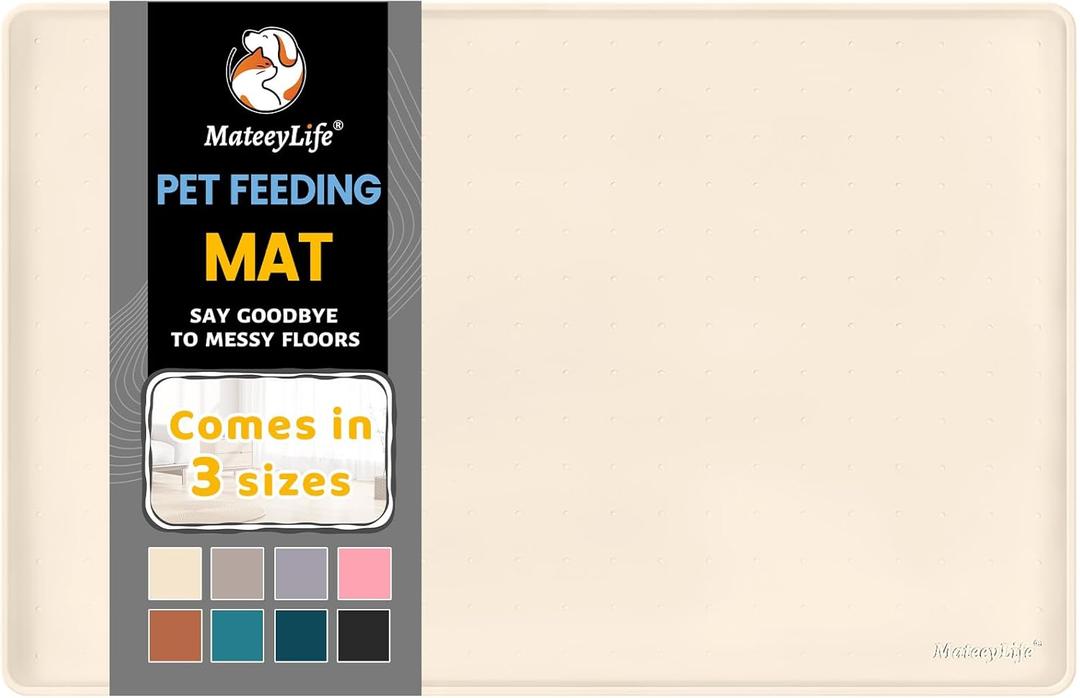 MateeyLife Silicone Cat & Dog Food Mat for Floors Waterproof, Anti-Slip Dog Bowl Mats for Food and Water, Pet Feeding Mats with Lip to Prevent Spills, Pet Placemat for Messy Drinkers to Protect Floors (18''12'', Beige)