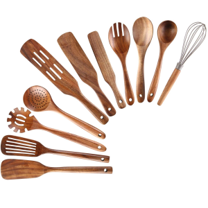 Wooden Utensil Set 8 Pcs – Sturdy & Easy to Clean, Natural Teak Wooden Spoons for Cooking 
