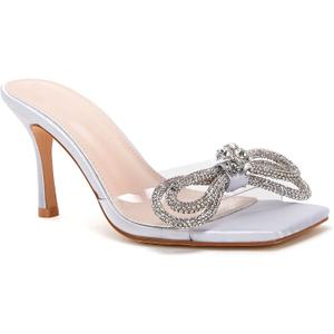 VETASTE Women's Heeled Sandals Square Open Toe Double Bow Satin Mules Heels Wedding Party Slip on Stilettos (9)
