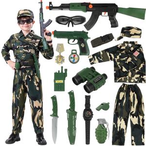 Army Costume for Boys, Halloween Costumes for Kids 3-12 with Accessories, Perfect for Halloween, Birthday Party, Career Day (New-Large(8-10yr))