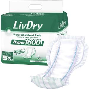 LivDry High Absorbency Pad Insert for Incontinence Briefs and Adult Diapers, Women and Men, Hyper 1600 (30 Count)