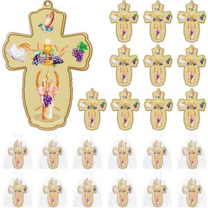 Landical 24 Pcs First Communion Wood Wall Cross with Organza Gift Bags Baptism Favors for Guests Christian Gifts Cruz De Madera Recuerdo De Primera Comunion Recuerdos Bautizo