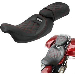 Motorcycle Seat Passenger Rider Two-up Pillion Fit for Harley Touring Street Glide Road Glide Road King Electra Glide 2009-up (Red Stitching)
