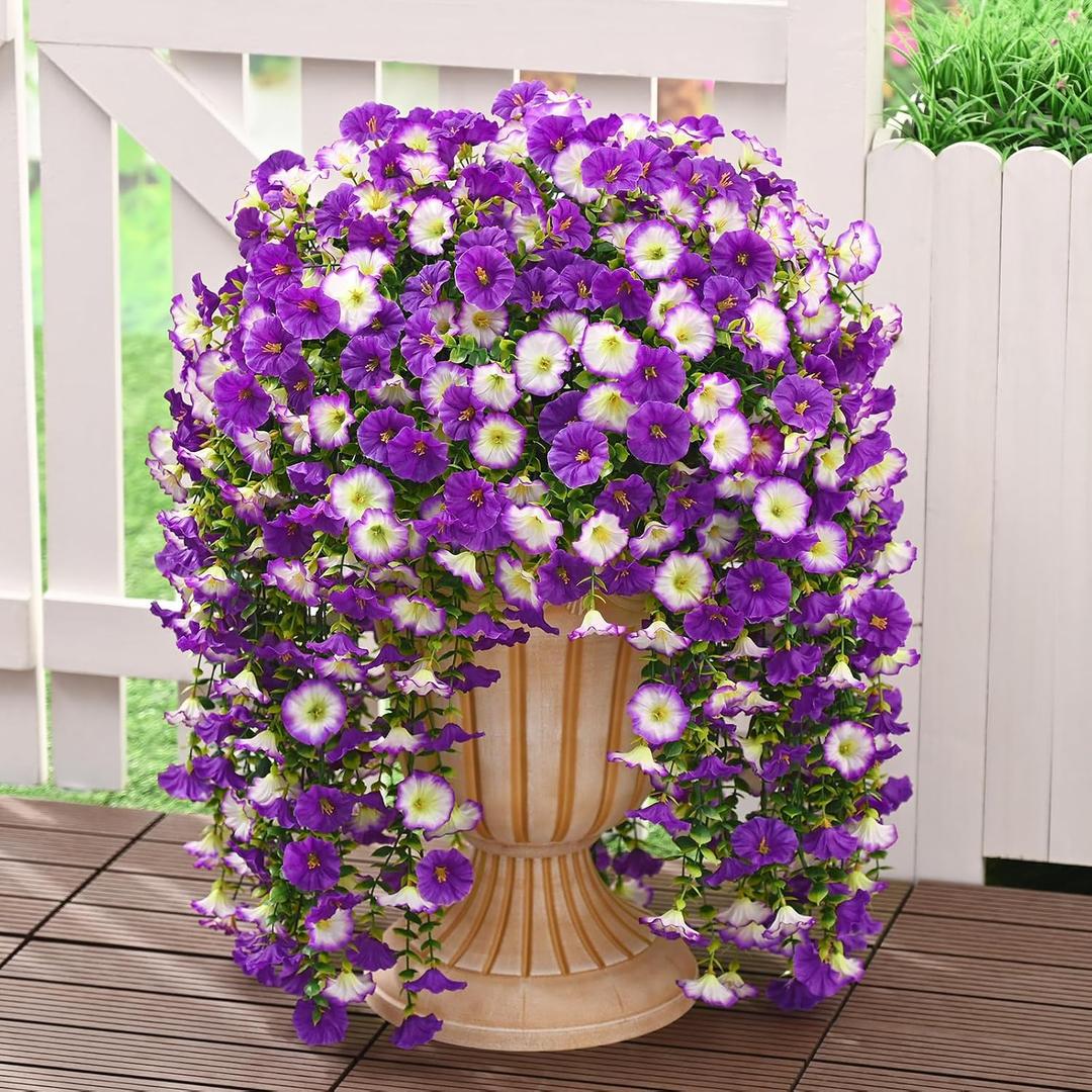 Dolicer 2 Packs Look Real Artificial Flowers for Outdoors, Fake Artificial Hanging Flowers for Outdoors Realistic UV Resistant Hanging Flowers Silk Petunia Faux Flowers for Porch Patio (Mixed Purple)
