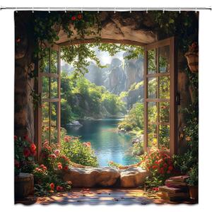 Nature Garden Shower Curtain Forest Mountain Stone Wall Flower Green Leaf Vine Rustic Farmhouse Cabin Window Scenery Bathroom Curtain Fabric with Hooks(70" WX70 H)