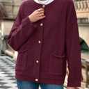 Womens Chunky Knit Cardigan with Gold Buttons Button Down Crewneck Long Sleeve Sweater with Pockets (Red, L)
