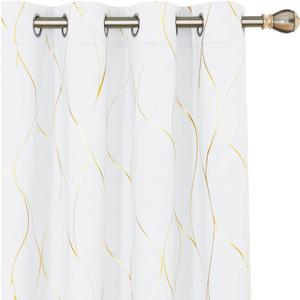 Deconovo Gold Wave Print Blackout Curtains for Bedroom, Thermal Insulated Curtains for Living Room, Room Darkening Drapes (Pure White/Wave, 52x96 Inch, 2 Panels)