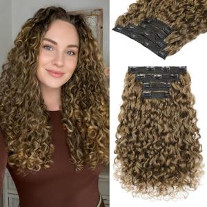 REECHO Curly Hair Extensions - 4PCS 18" GoGo Curly Clip in Hair Extensions 100% Super Protein Hairpieces with Invisible Lace Weft Silky Soft Natural Look for Women - Light Golden Brown with Light Ends