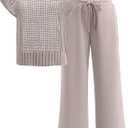 ANRABESS Women Two Piece Outfits Crochet Sheer Knit Sweater Top Wide Leg Pants Lounge Matching Sets Sweatsuit Travel Clothes (Medium, Light Khaki)