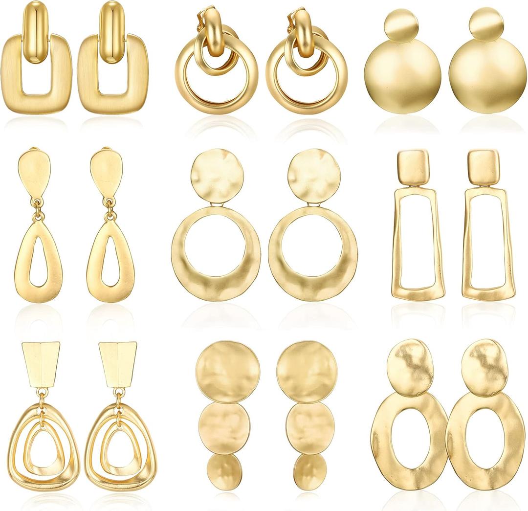 FIBO STEEL Gold Plated Clip on Earrings for Women Non Pierced Drop Dangle Clip on Earrings - Chunky Fashion Accessories Big Rectangle Geometric Statement Clip Earring Set