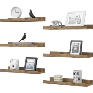 DOLLFIO Floating Shelves Set of 6, Farmhouse Wall Shelves with Lip, Display Shelves for Wall Decor, Rustic Picture Ledge for Living Room, Bedroom, Nursery, Bathroom, Pictures, Books, Plants- Brown