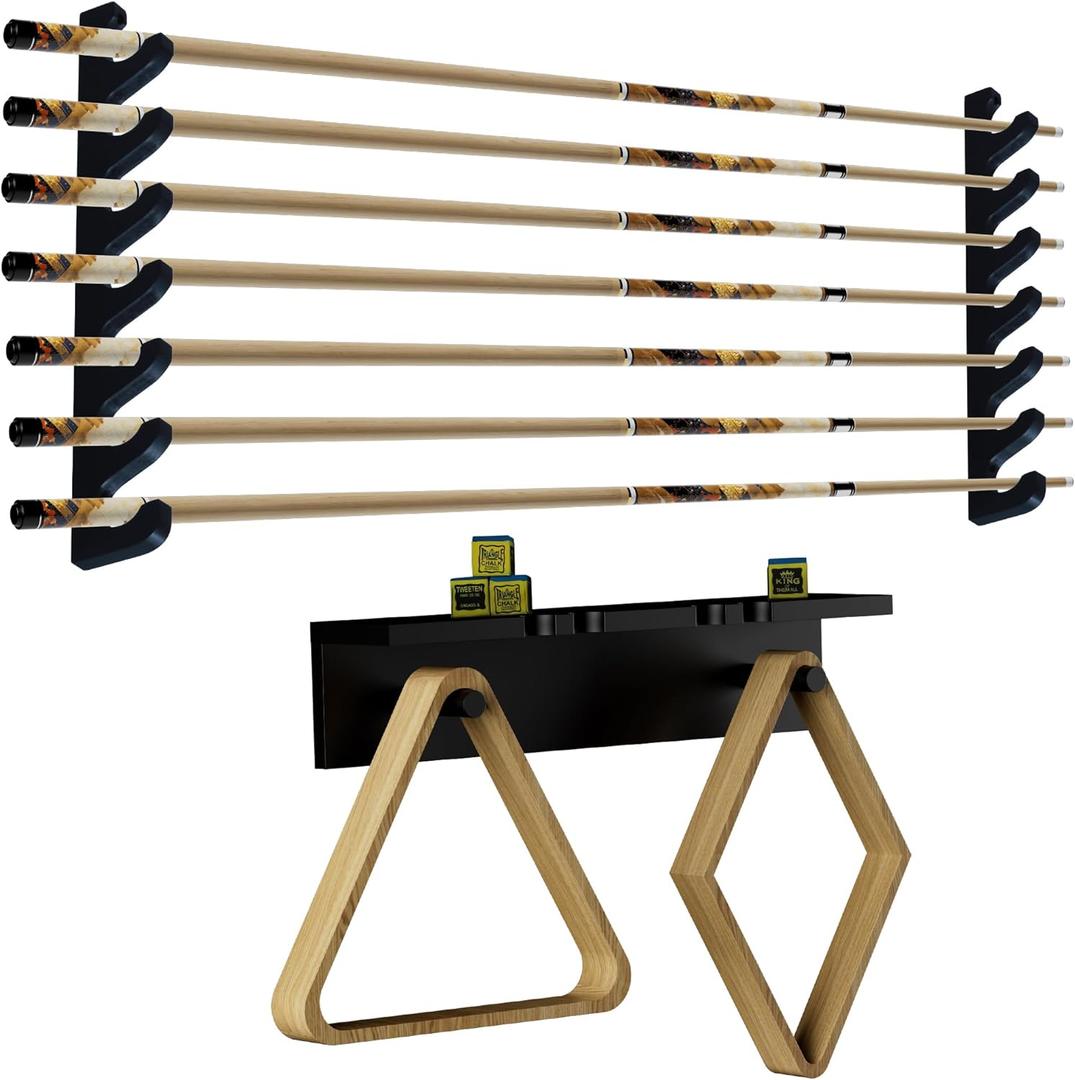 Black Wall-Mounted Pool Stick Holder, Wooden Billiards Pool Cue Rack Holds 7 Cue Sticks and 2 Pool Ball Racks, Pool Table Accessories Organizer for Billiard Rooms or Clubs