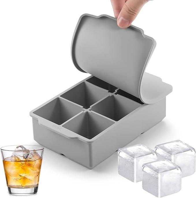 Nax Caki Large Ice Cube Tray with Lid Pack of 2, Stackable Big Silicone Square Ice Cube Mold for Whiskey Cocktails Bourbon Soups Frozen Treats, BPA Free