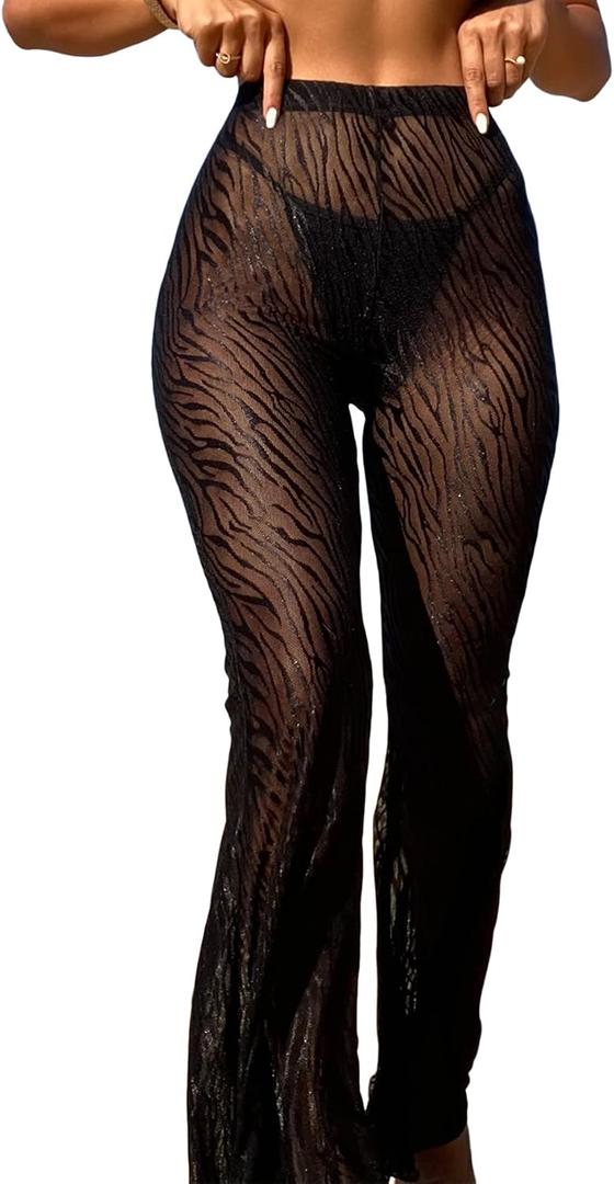 SHENHE Women's Solid Sheer See Through High Waist Wide Leg Cover Up Pants Bathing Suit
