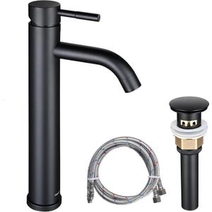 GGStudy Matte Black Bathroom Faucet Single-Handle 1 Hole Black Bathroom Vessel Sink Faucet Matching Pop Up Drain