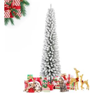 6FT Snow Flocked Pencil Christmas Tree, Slim Artificial Holiday Decoration with Metal Stand, Realistic Snowy Xmas Tree with 329 Tips Branches for Indoor and Outdoor Use, Green & White