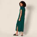 Amazon Essentials Women's Regular Fit Jersey V-Neck Short Sleeve Midi Length T-Shirt Dress, Soft Viscose Stretch Jersey with Side Slits, Dark Green, X-Small