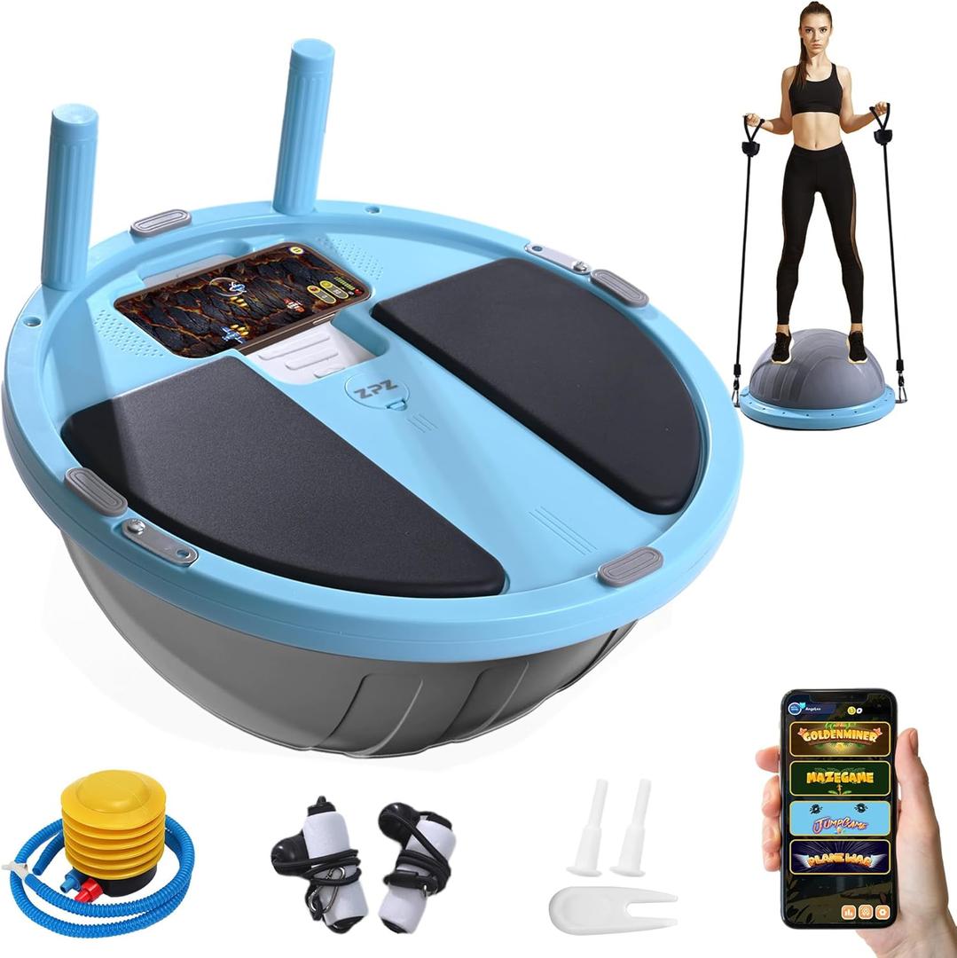 ZPZ Half Balance Ball Trainer, 18.3 Inch Compact Portable Inflatable Exercise Yoga Stability Ball with App-Based Balance Game, Pilates Resistance Bands, Foot Pump, Non-Slip Base for for Full-Body Workouts, Home Gym & Easy Storage (Blue)