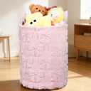 Pink Laundry Hamper 18 x 14 Inch Fluffy Laundry Basket for Girls Nursery Hamper Foldable Storage Bin with Handle for Home Clothes Organization (Pink Bow)