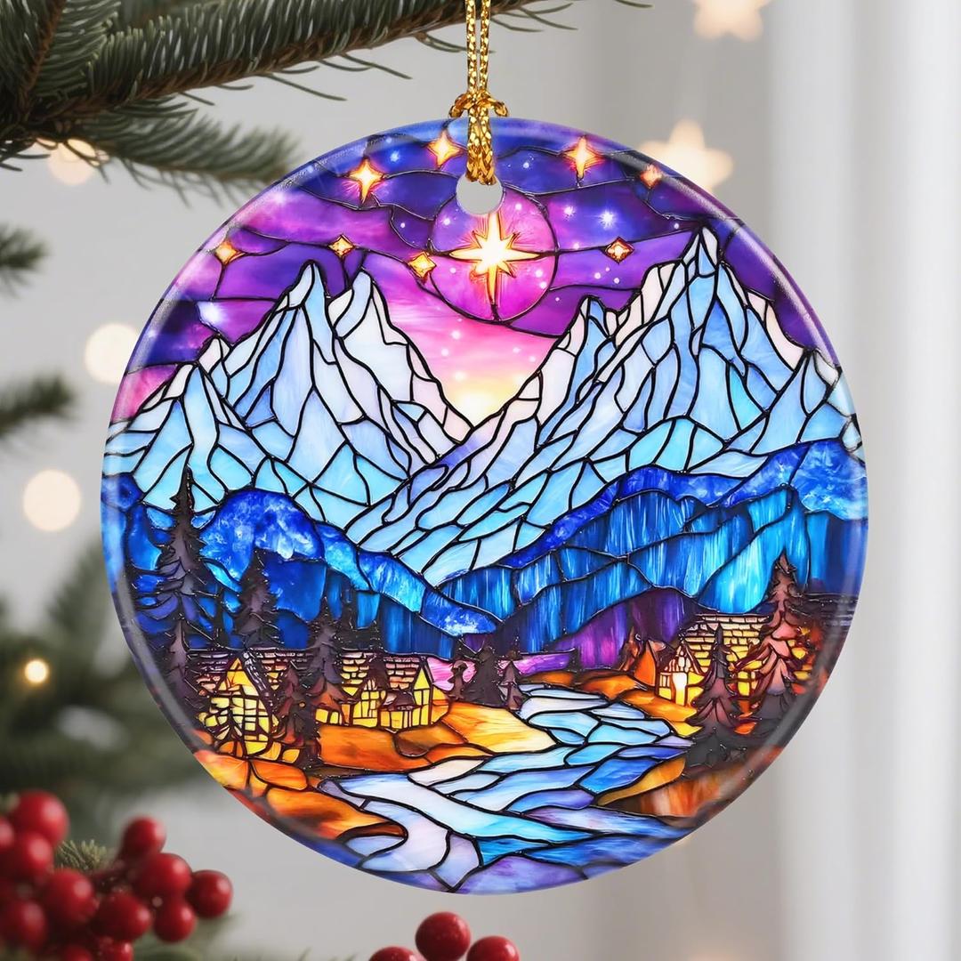 Christmas Ornaments, 2.8 Inch Ceramic Hanging Ornament, Christmas Tree Ornaments, Xmas Decorations, Holiday Decorations, Holiday Party Gifts, and Xmas Gift Ideas - Snow-Village Night (Night Court B)