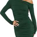 Amkoyam Women's 2025 Sexy Off Shoulder Dress Long Sleeve Bodycon Ruched Formal Cocktail Party Mini Dresses, Size: Small (Dark Green)
