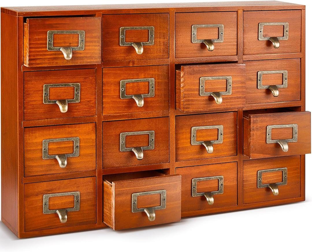 16 Drawers Apothecary Cabinet Library Card Catalog Cabinet Tabletop Vintage Apothecary Chests Cabinets Rustic Herb Storage Box with Drawers Wooden Desk Drawer Organizer Medicine Furniture
