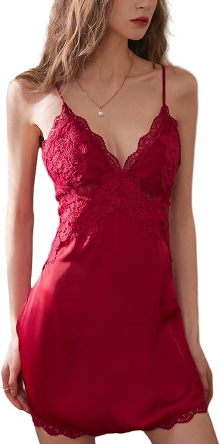 Daiwor Kout Satin Nightgown for Women Sexy Lace Slip Dress Butterfly Lingerie Babydoll Dress Silk Nighties Backless Pjs Wine Small