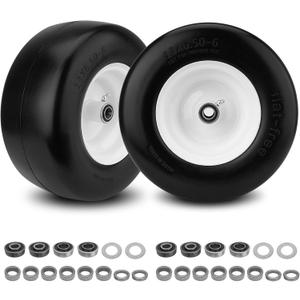 2PCS 13x6.50-6 Flat Free Tire and Wheel with 1/2" & 3/4" & 5/8" Precision Bearings and 4"-7.4" Centered Hub, Front Zero-Turn Smooth Tire Replacement for Riding Lawn Mowers Garden Tractor-White