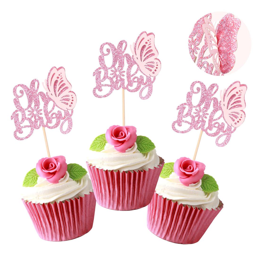 5 x Gyufise 36Pcs Pink Glitter Butterfly Oh Baby Cupcake Toppers 3D Butterfly Baby Shower Cake Pick Decorations for Butterfly Theme Baby Shower Kids Boys Girls Birthday Party Supplies