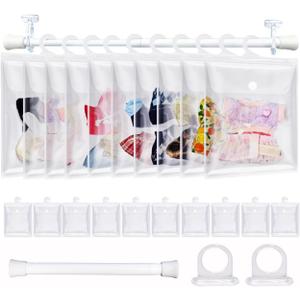 10 Pack Clear Doll Clothes Storage Bags with Hanging Rod & Hooks, Compatible with Labubu Clothes - PVC Transparent Organizer Set for Dolls, Space-Saving Wardrobe System