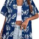 Womens Hawaiian Shirt Hawaii Button Down Shirts Palm Floral Tropical Vacation Outfits Casual Summer Trip Blouse Top (Blue, XL)