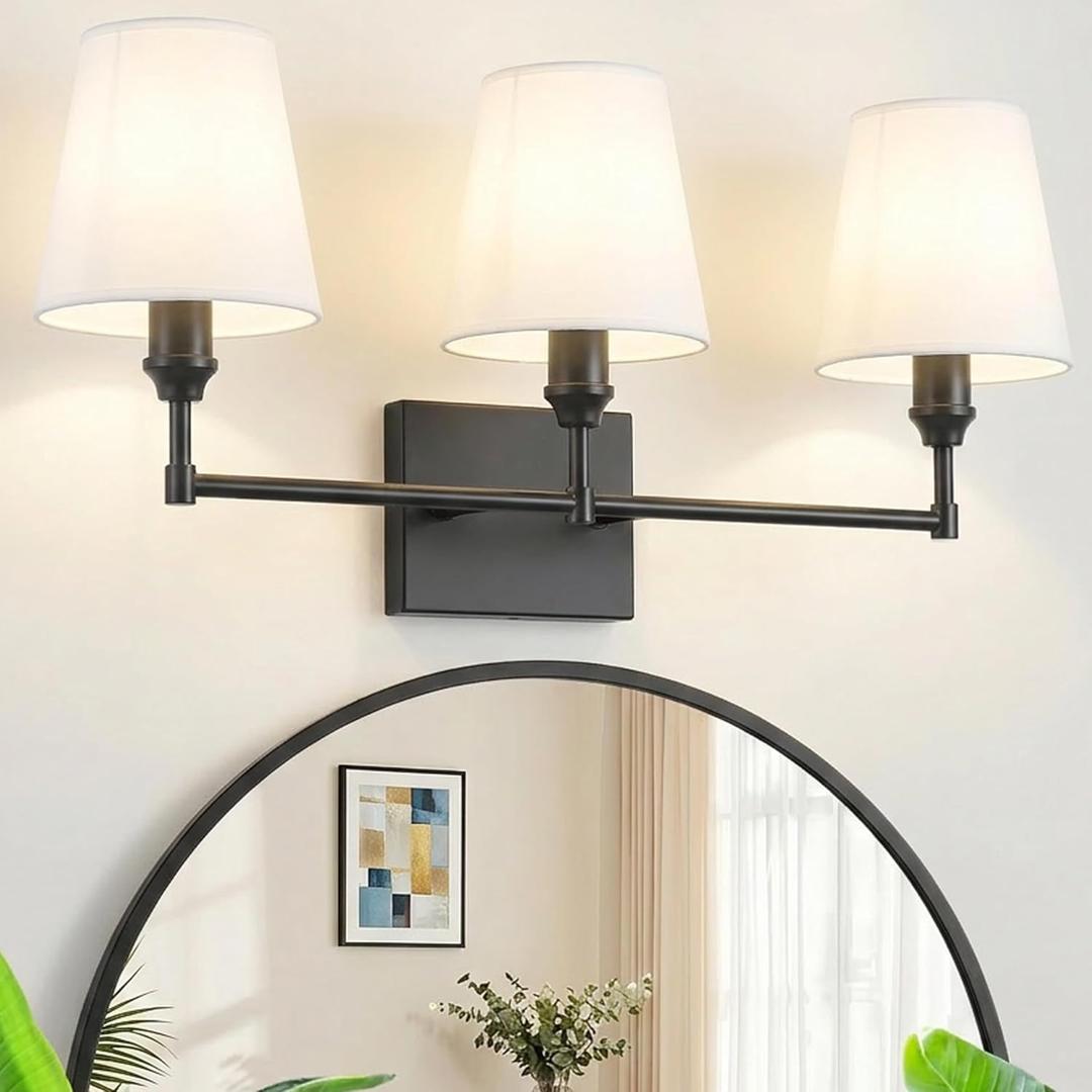 ZSMAIKU Vanity Lights For Bathroom,23.6 In Black Bathroom Light Fixtures Over Mirror,Vintage 3Light Vanity Light With Flared White Fabric Lampshade For Bedroom,Hardwired Hallway Sconce Light,E12 Base