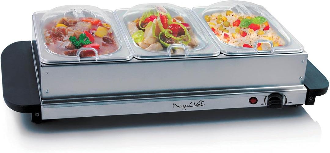MegaChef Stainless Steel Easy Clean Buffet Server & Food Warmer With 3 Sectional Trays