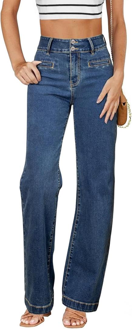 Sidefeel Women's Jeans High Waisted Straight Leg Stretchy Jeans Trendy Loose Wide Leg Zimbaplatinum Denim Pants with Pockets (2, Vintage Dark Blue)