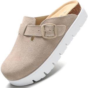 Genuine Suede Clogs for Women Platform ShoesLeather Comfort Potato Shoes Chunky with Arch Support, Casual Trendy Shoes Mules for Women (11, Sand)
