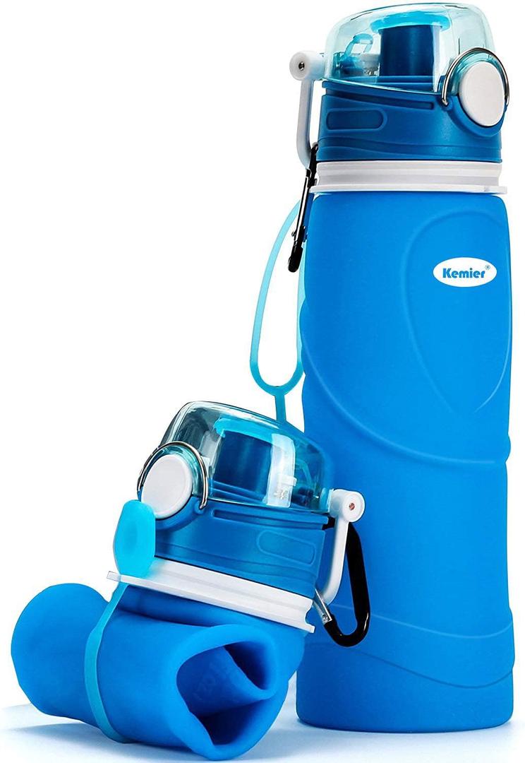 Kemier Collapsible Silicone Water Bottles-750ML, Medical Grade, BPA Free.Can Roll Up, 26oz, Leak Proof Foldable Sports & Outdoor Water Bottles (Blue)