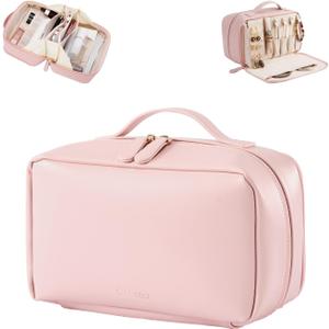 Travel Toiletry Bag with Jewelry Compartment, Waterproof PU Leather Makeup Bag with Separate Brush Holders, Portable Open Flat Cosmetic Organizer (Pink)
